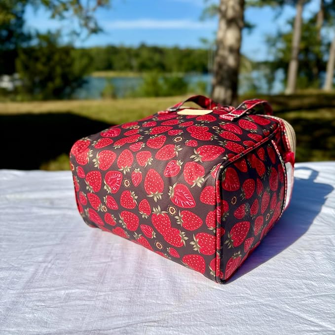Kwang Min Floral Insulated Lunch Bag for Women,Reusable Lunch Box,Large Cooler for Office,Picnic Outdoors,Premium Quality Waterproof Fabric,Ideal Gift for Outdoors and Work (Chocolate Strawberry)