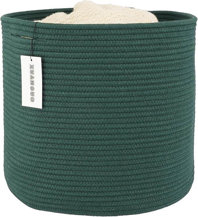 XUANGUO Cotton Rope Basket For Girls Boys Kids 16”X14” Baby Laundry Basket Nursery Bin Round Woven Baskets Organizer For Storage Toys Blankets Shoes Clothes dark green