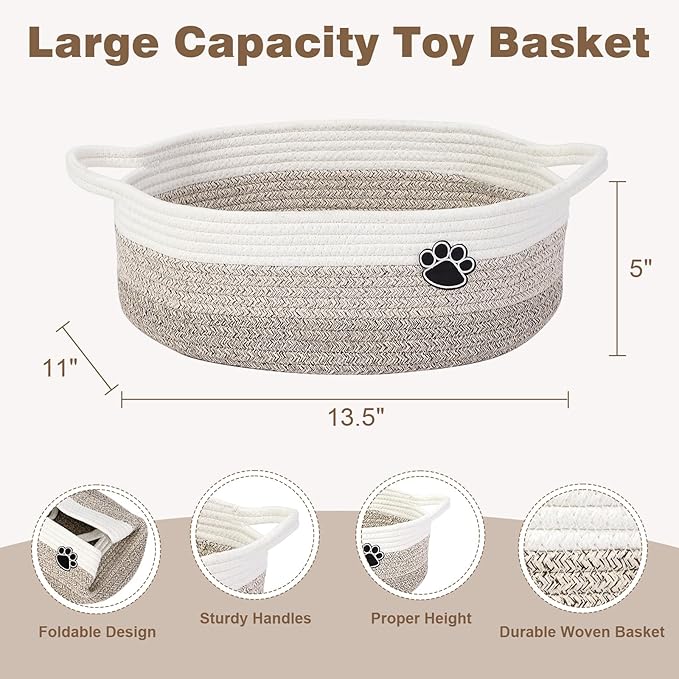 Dog Toy Easter Basket, Toy Box and Bin for Dog Cat Storage, 13.5" X 11" X 5" Small Woven Rope Basket for Baby Storage, Closet, Living Room, White & Brown