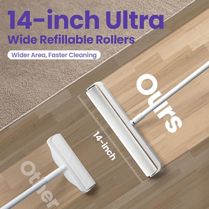 14.17" Extra Large Lint Rollers for Pet Hair, DELOMO Sticky Rollers for Floor with 3 Extendable Handle & 4 Refills (200 Sheets), Long Handle Sticky Mop for Cleaning Carpets, Couch, Furniture, Cars