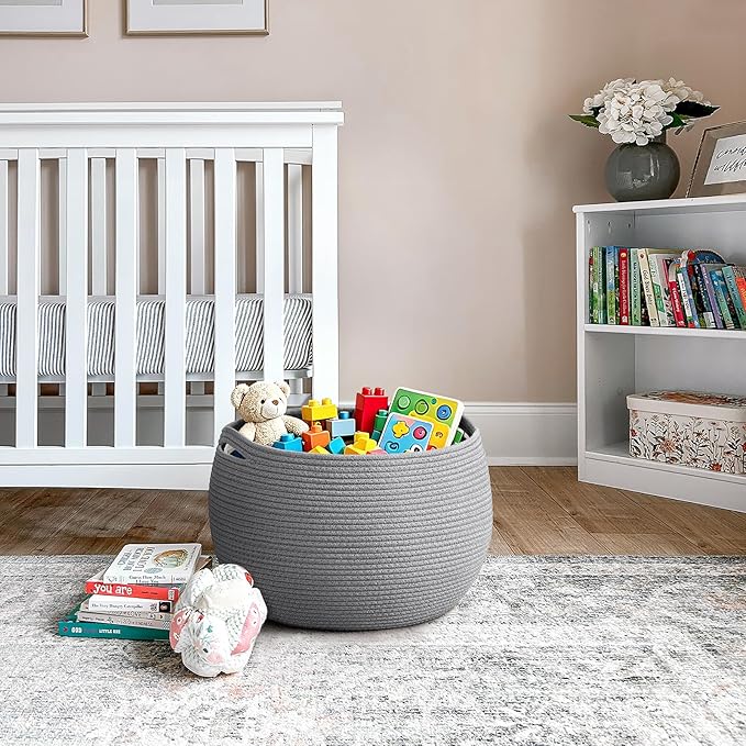 Goodpick Large Toy Storage for Kids, Woven Storage Basket for Nursery Living Room, Decorative Basket for Baby Boy Gifts, Gray, 15.7"D x 10.5"H