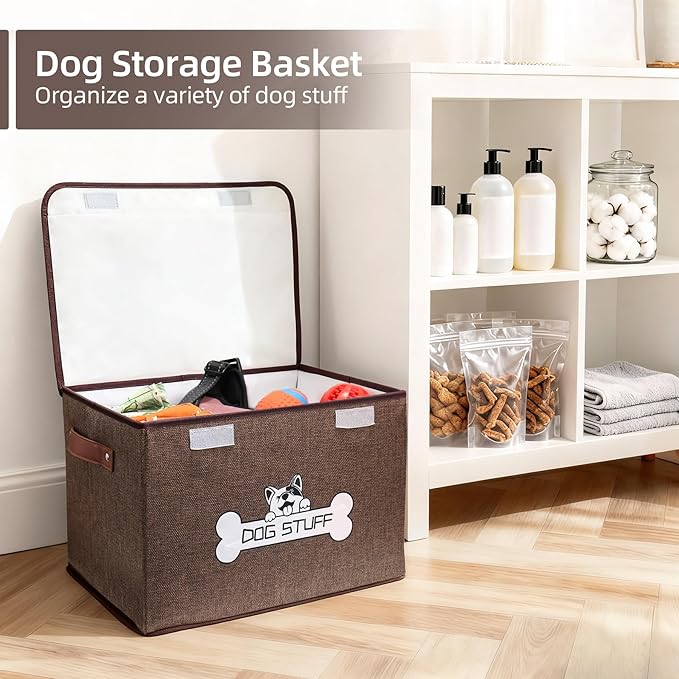 Thankspaw Fabric Dog Toy Box with Lid, Collapsible Storage Bin, Basket Organizer with Handle for Dog Toys, Blankets and Accessories, Coffee
