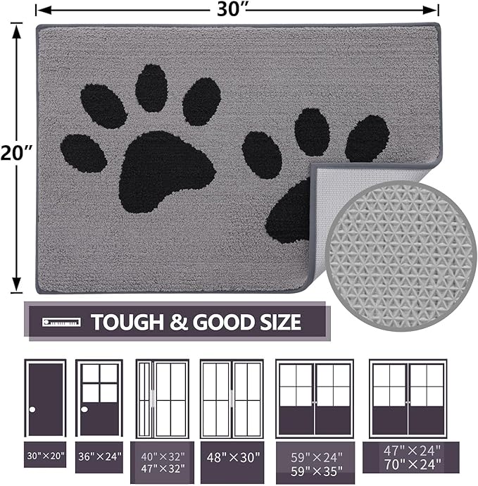 Buganda Dog Door Mat for Muddy Paws, Absorbent Dirt Trapper Washable Indoor Doormats, Non Slip Low-Profile Mud Mat for Dogs, Front Entrance Doormat for Inside Floor (48x30 Inches, Grey)