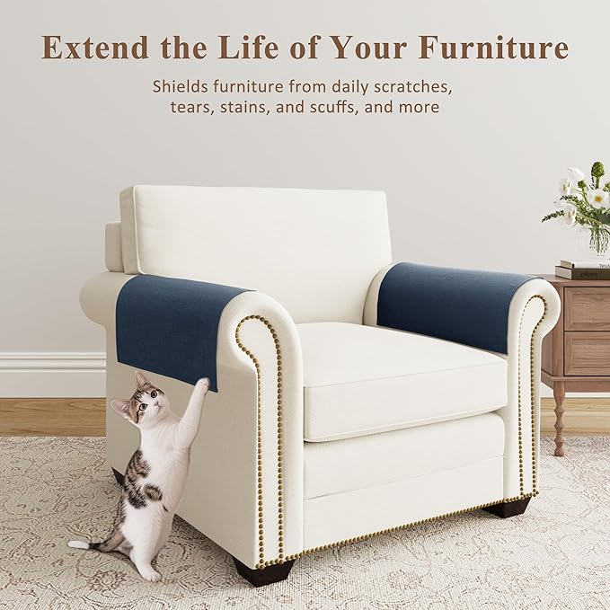 SPWIY Couch Arm Covers Washable Recliner Armrest Cover for Pets Linen Chair Arm Covers Stain Resistant & Anti-Scratch Furniture Protector for Sofa, 2 Pieces, Denim Blue, 20" W x 24" L