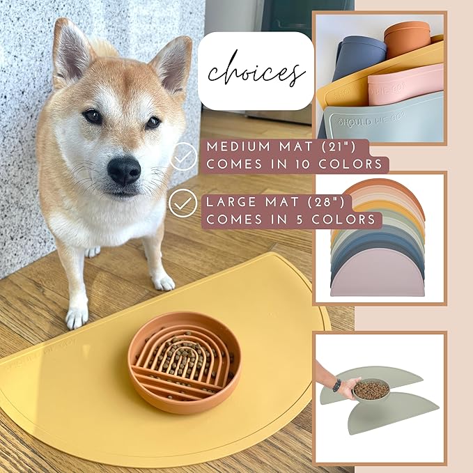 Should We Go? Waterproof Silicone Pet Food Mat - Non-Slip, Spill-Proof Feeding Mat for Floors, Raised Edge Design Easy-to-Clean Rubber Mat for Dog & Cat Bowls, 28" Across x 14" Deep, Large-Ocean Blue