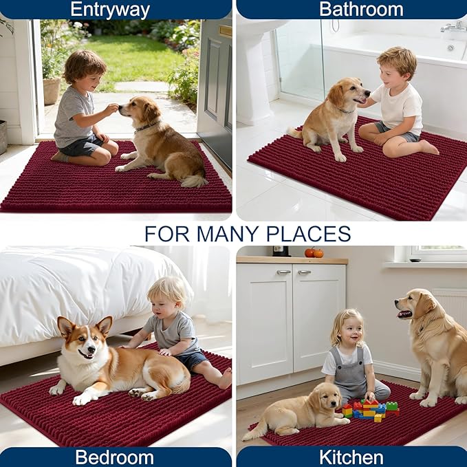 OLANLY Dog Door Mat for Muddy Paws 34x21, Ultra Absorbent Chenille Mud Doormat, Non-Slip Washable and Dirt Trapping Doormat for Indoor Entryway, Quick-Dry Indoor Pet Bed Mats for Dogs, Burgundy
