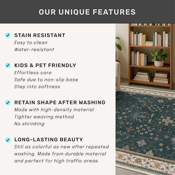 Dark Green Oushak Living Room Rug 10x14 - Modern Vintage Boho Eclectic Floral Pastel, Washable Low Pile Non-Slip Extra Large Area Rugs for Dining Under Table Bedroom Lounge