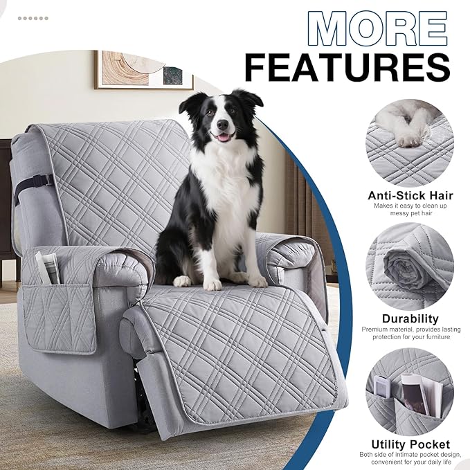 TAOCOCO 100% Waterproof Recliner Chair Cover with Double Straps, Non Slip Covers for Recliner Chair with Pocket, Washable Reclining Chair/Furniture Protector for Kids, Pets(23.6'', Light Grey)