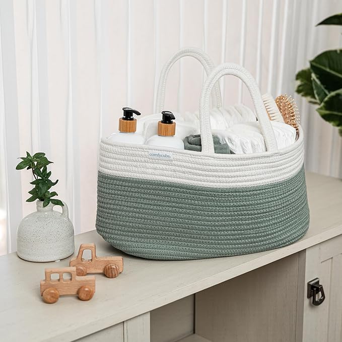 Comfy Cubs Rope Diaper Caddy Organizer 8.5" x 15" x 8" - Large Baby Diaper Basket with 3 Spacious Compartments - Stylish Cotton Baby Caddy Organizer for Diapers, Wipes & Essentials - Sage