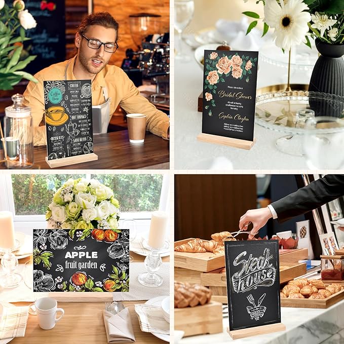 1 Pack 8.1x12 in Chalkboard Signs with Stand for Tables Small Chalk Board Signs Tabletop Message Board Sign with Wood Base for Home Decorations Coffee Shop Restaurant Kitchen Wedding Party