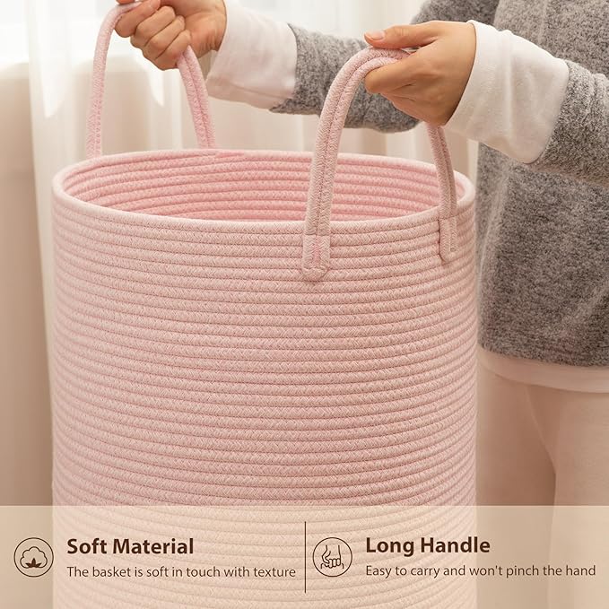 OIAHOMY Large Laundry Basket Hamper - 60L Cotton Rope Woven Basket for Blankets, Toys, Clothes - Tall Decorative Nursery Hamper with Long Handles, Pink