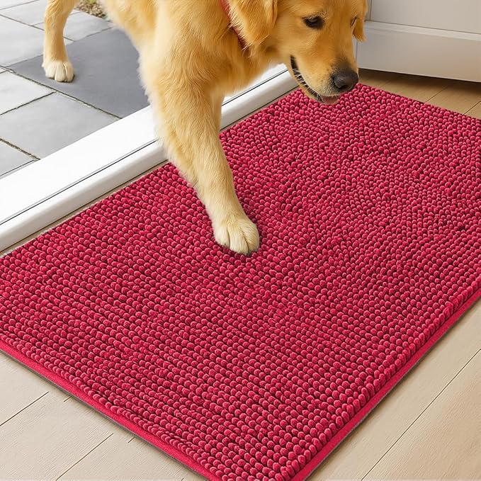 MudGuard Mat™ Dog Door Mat for Muddy Paws, Super Absorbent Microfiber, Non-Slip Indoor Mat, Quick Dry Chenille Mud Mat for Dogs & Entryway, Washable, Red 16" x 24"