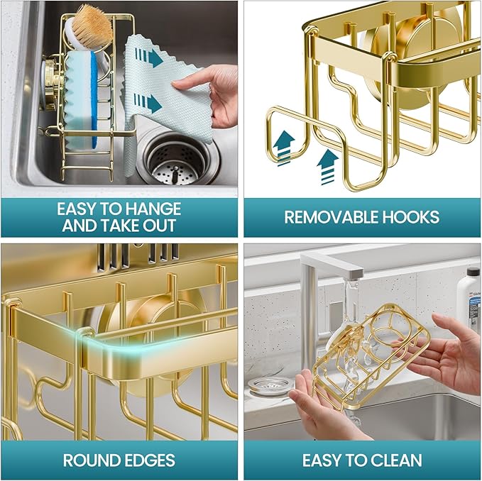 TAILI 4-in-1 Sponge Holder for Kitchen Sink with Strong Suction Cup Removable, Rustproof Aluminum Sink Caddy for Sponge, Brush, Scrubber, Scraper -Gold