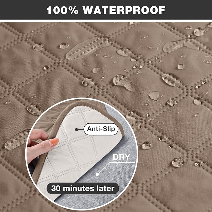 TAOCOCO 100% Waterproof Recliner Couch Covers, Recliner Sofa Covers with Leg Straps, 1-Piece Washable Reclining Sofa Cover with Pocket Couch Protector for Pets Kids(3 Seater, Khaki)