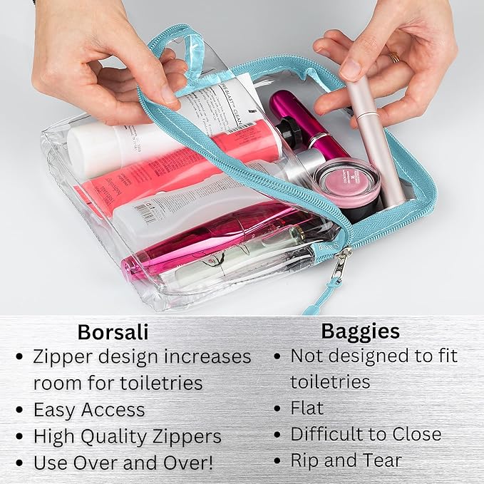 BORSALI TSA Approved Toiletry Bag - Clear Quart Size for 3-1-1 Carry On Travel - Makeup Organizer Cosmetic Pouch with Zipper - Travel Accessories - Light Blue