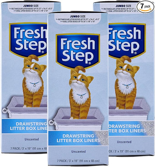 Fresh Step Jumbo Drawstring Cat Litter Box Liners, Unscented Heavy Duty Kitty Litter Bags for X-Large Oval or Rectangle Pans, Helps Contain Mess, Easy Lift Out Cleanup, 36 x 19 in, 7 Count - 3 Pack