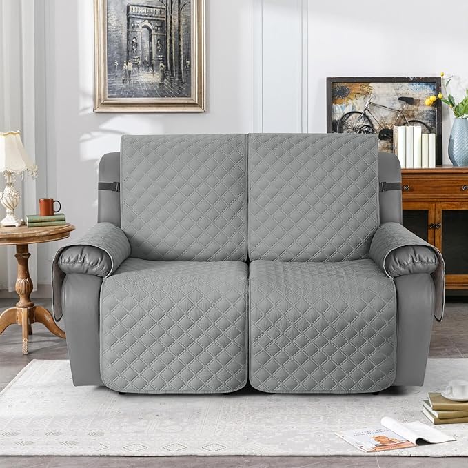 TAOCOCO 100% Waterproof Recliner Couch Covers, Recliner Sofa Covers with Leg Straps, 1-Piece Washable Reclining Sofa Cover with Pocket Couch Protector for Pets Kids(2 Seater, Light Gray)