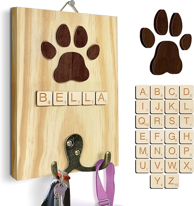 VINARTSVN Dog Leash Holder Wall Mount, Pet Harness Hanger with Scrabble Letters, Dog Collar Organizer for Entryway, Memorial Cat Leash Holder for Wall, Pet Loss Gifts, Keepsake, Home Decor PF212-NAT