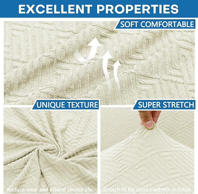 ZNSAYOTX Stretch Fit Futon Cover (67"-82") Armless Futon Sofa Bed Slipcover with Elastic Band, Universal Foldable Sofa Mattress Protector Full Queen Size, Washable Comfort Jacquard (Light Beige)