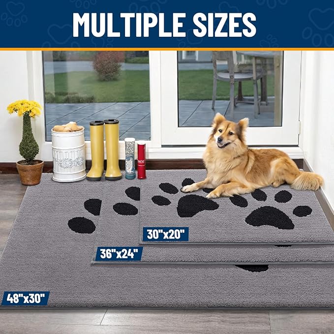 Smiry Dog Door Mat for Muddy Paws, Absorbs Moisture and Dirt, Low-Profile Entryway Mat with Non-Slip Backing, Entry Indoor Outdoor Doormat for Inside Floor (30x20 Inches, Grey, Paw)