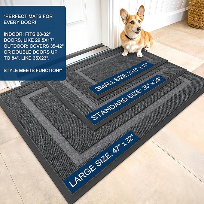 OLANLY Front Door Mat Indoor Outdoor Entrance, Waterproof All-Season, All-Weather Doormat, Sturdy Natural Rubber, Fade Resistant, Low Profile, Easy Clean Patio Porch Entryway Mat, 47x17, Grey