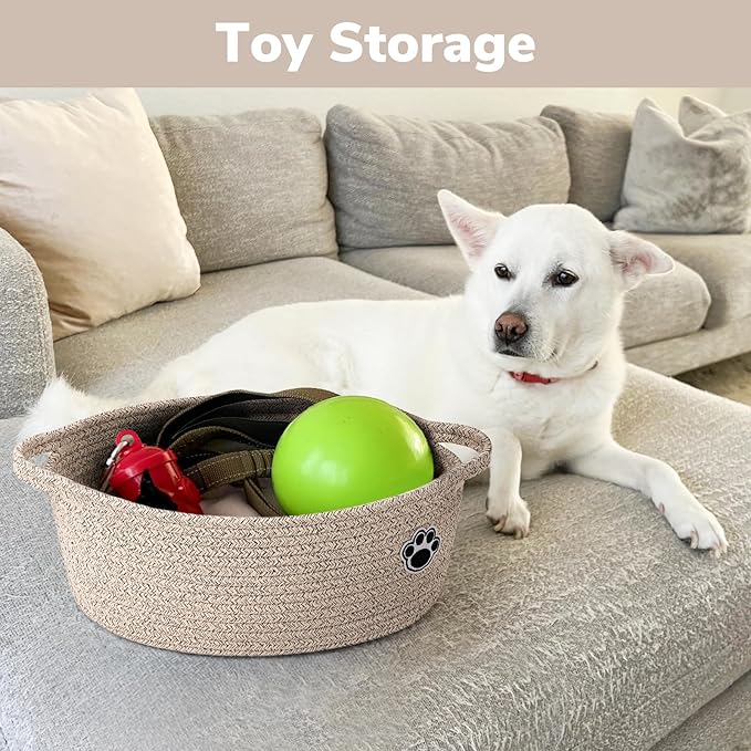 Dog Toy Basket, Woven Rope Storage Basket for Cat Toys, Diapers, Towels, Small Baby Gift Baskets for Living Room Nursery, Brown
