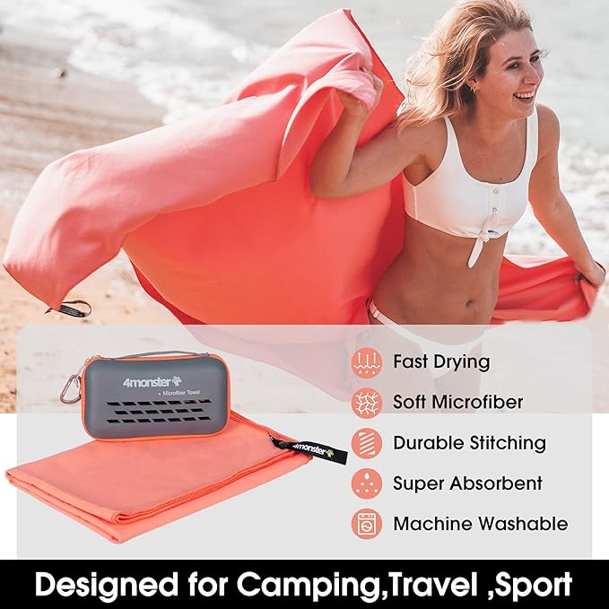 4Monster Quick Dry Travel Towel with Case & Carabiner – Super Absorbent Microfiber Gym & Camping Towel. Compact, Lightweight, Fast Drying for Beach, Swimming, Hiking, Backpacking