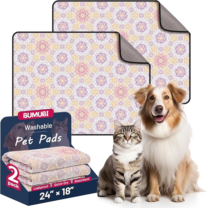 Washable Dog Pee Pads, 18"x24" Reusable Absorbent Dog Pads, Waterproof & Non-Slip Puppy Pads for Potty Training, Crate, Playpen, Whelping, Mandala Floral Pattern (Pack of 2)