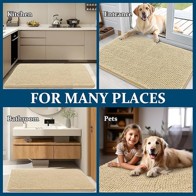 OLANLY Dog Door Mat for Muddy Paws 47x24, Absorbs Moisture and Dirt, Absorbent Non-Slip Washable Doormat, Quick Dry Chenille Mud Mat for Dogs, Entry Indoor Entryway Carpet for Inside Floor, Sand