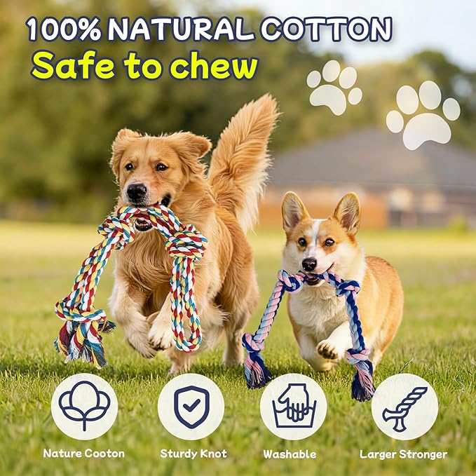 Rocfish [4 Pack Dog Rope Toys for Aggressive Chewers, Nearly Indestructible Tug of War Toys for All Dog Sizes, 100% Cotton Teeth Cleaning Chew Rope, Heavy Duty Tug Toy to Relieve Dog Boredom