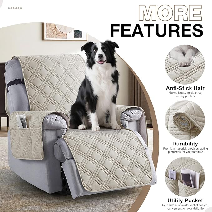 TAOCOCO 100% Waterproof Recliner Chair Covers, Non Slip Recliner Covers for Recliner Chair with Pocket, Washable Reclining Chair Cover Furniture Protector for Kids,Dogs(25'', Cream)