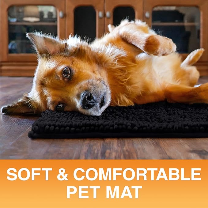 Neater Pets Chenille Dog Door Mat 30” x 20” – Super Absorbent & Quick-Dry Muddy Paws Doormat for Trapping Dirt, Water, Mud - Non-Slip & Machine Washable Pet Rugs for Entryway, Indoor Mud Mats, Black