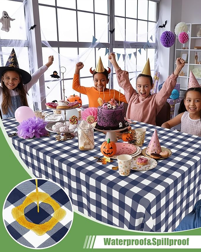 Smiry 12 Packs Gingham Disposable Table Cloth, 54 x 108 Inch Waterproof Plastic Tablecloth, Rectangle Navy and White Checkered Table Covers for Picnic, Birthday, Party