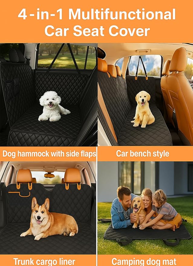 Dog Car Seat Cover for Back Seat - 100% Waterproof 600D Heavy Duty Dog Hammock for Car, Truck & SUV Universal Fit Non-Slip Rear Seat Protector, Pet Backseat Cover Machine Washable