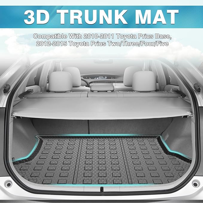 Mixsuper Custom Fit Cargo Liner for 2010-2011 Toyota Prius Base, 2012-2015 Toyota Prius Two/Three/Four/Five, All Weather Rear Cargo Trunk Mat Black