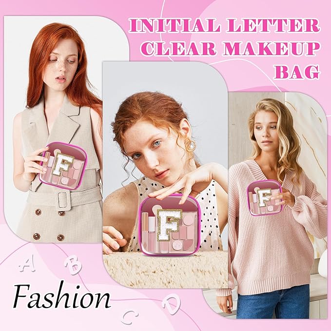 Personalized Initial Letter Clear Preppy Makeup Bag,Mini Nylon Chenille Letter Cosmetic Bag Cute Zipper Pouch Coin Purse for Teen Girls,Portable TSA Approved Travel Essentials Bag Gift for Women,F