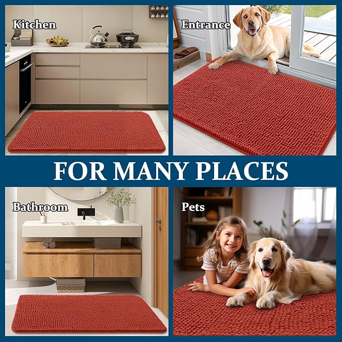 OLANLY Dog Door Mat for Muddy Paws 50x30, Absorbs Moisture and Dirt, Absorbent Non-Slip Washable Doormat, Quick Dry Chenille Mud Mat for Dogs, Entry Indoor Entryway Carpet for Inside Floor, Maple Red