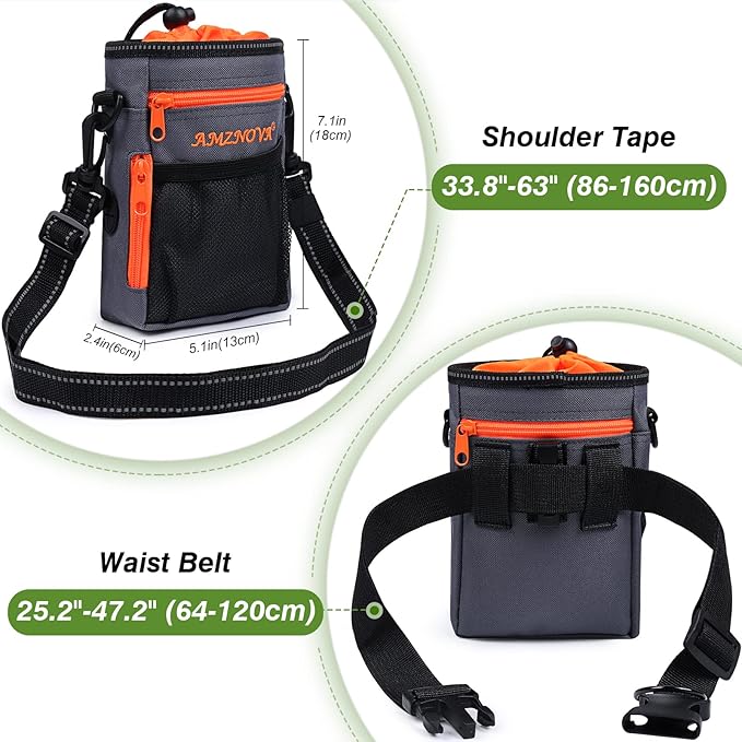 AMZNOVA Dog Treat Bag Treatkit Dog Treat Pouch, Waist Clip On Crossbody Fanny Pack for Pet, Training Pouch with Shoulder Strap & Waist Belt for Walking & Training, 6Cups, Grey