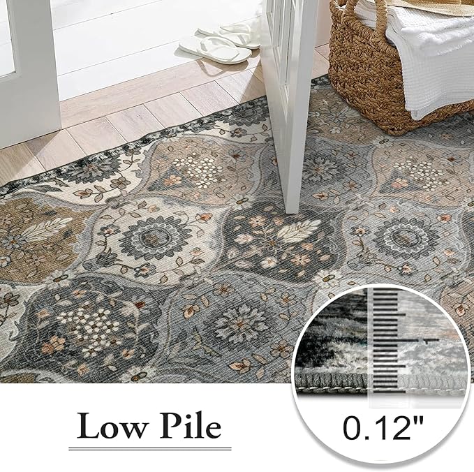 Lahome Moroccan Washable Area Rug 6x9, Ultra-Thin Large Living Room Rugs for Bedroom, Oriental Trellis Distressed Non Shedding Throw Carpet for Dining Room Office Elise, Grey
