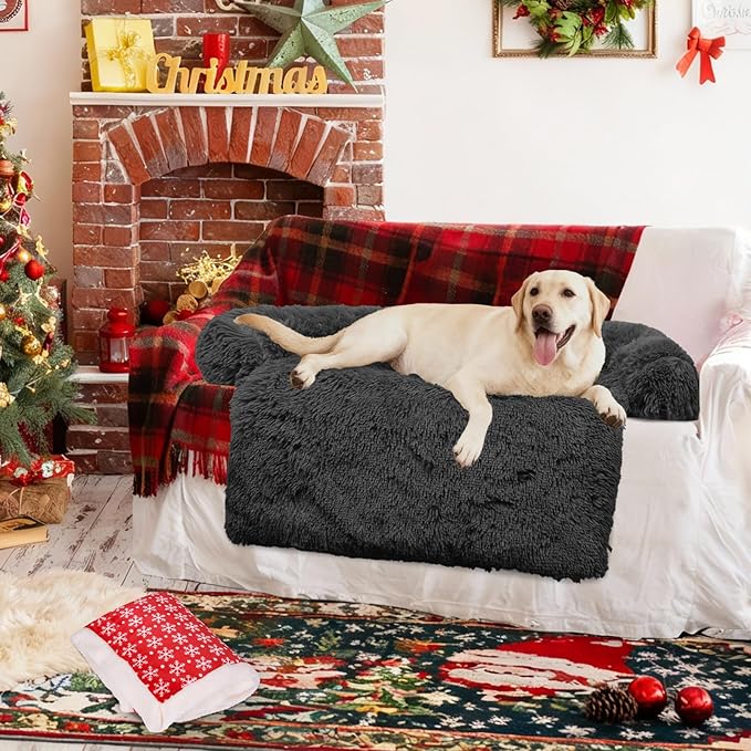 GGIB Calming Dog Bed Christmas Throw Blanket Fluffy Plush Dog Mat Furniture Protector Decoration Holiday Throw for Sofa Couch Cover for Large Medium Small Dogs Cats (Large, Dark Grey)