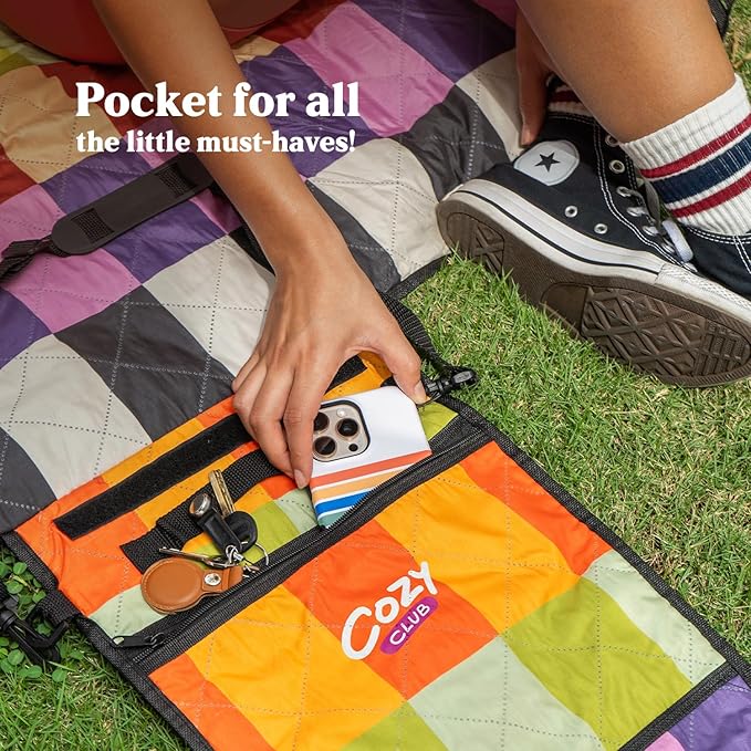 Cozy Club Waterproof Picnic Blanket Foldable Outdoor Mat with Pocket, Stakes & Shoulder Strap | Sandproof, Durable & Portable for Beach, Camping, Sporting Events & Travel | US Brand