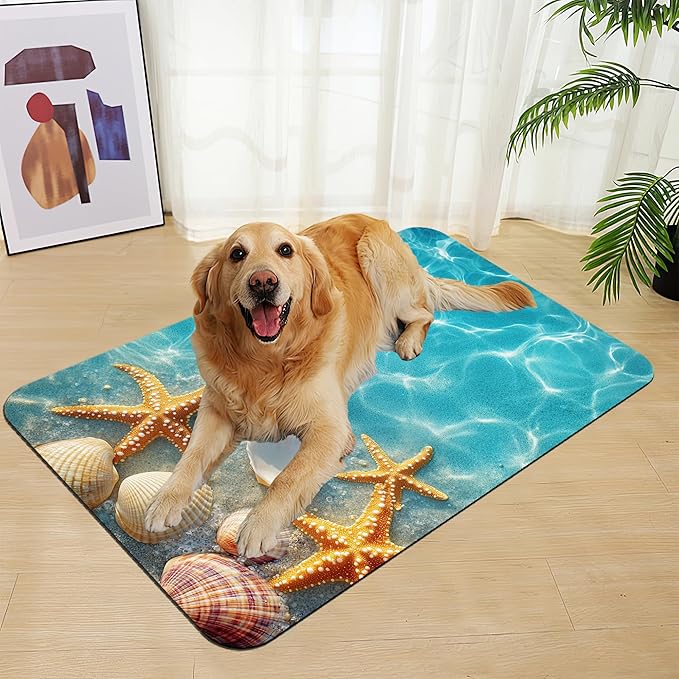 Starfish Seashell on Beach Pet Feeding Mat for Floors–Christmas Stocking Absorbent Quick Dry Dog Cat Bowl Mat for Food and Water, Non Slip Waterproof Base, Mess-Free Feeding Accessories 16"x24"