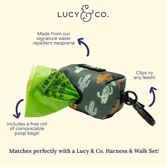 Lucy & Co. Looking Sharp Dog Poop Bag Holder - Leak Proof Dispenser - Hygienic Pet Poop Pickup - Green Gold Cactus