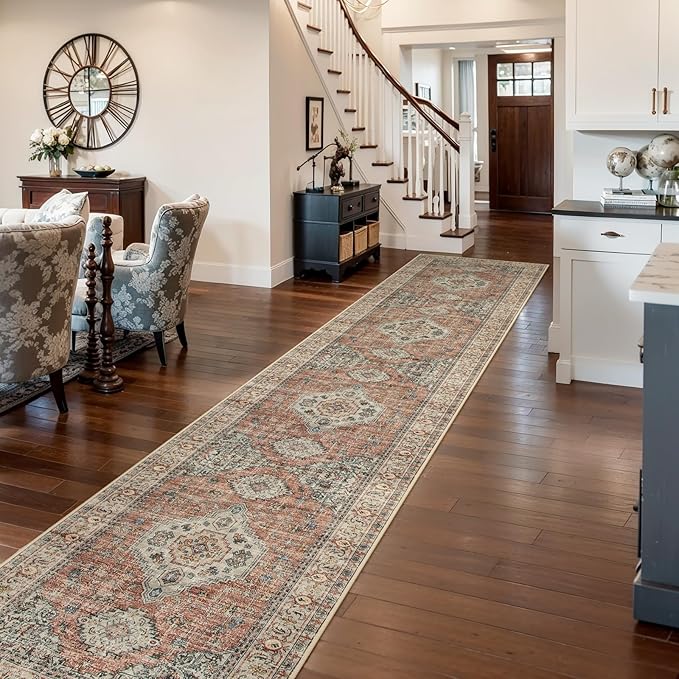 Lahome Oriental Kitchen Runners for Hallways, 2.5x12 Washable Runner Rug Non Slip, Soft Hallway Rug Distressed Ultra-Thin Long Carpet for Bathroom Entryway ‎Bedroom Eleanor, Peach/Orange