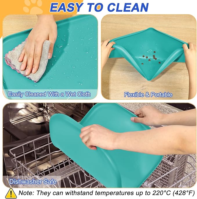 Silicone Pet Feeding Mat with Raised Edge for Food and Water, Dog Bowl Mats, Cat Bowls Placemat with High Lip for Floor Waterproof, Rubber Tray for Cats and Dogs 24 x 16 x0.8 Dark Turquoise