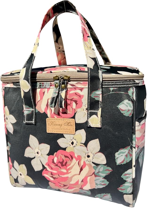 Kwang Min Floral Insulated Lunch Bag for Women,Reusable Lunch Box,Large Cooler for Office,Picnic Outdoors,Premium Waterproof Fabric,Ideal Floral Lunch Bag (Begonia Navy)