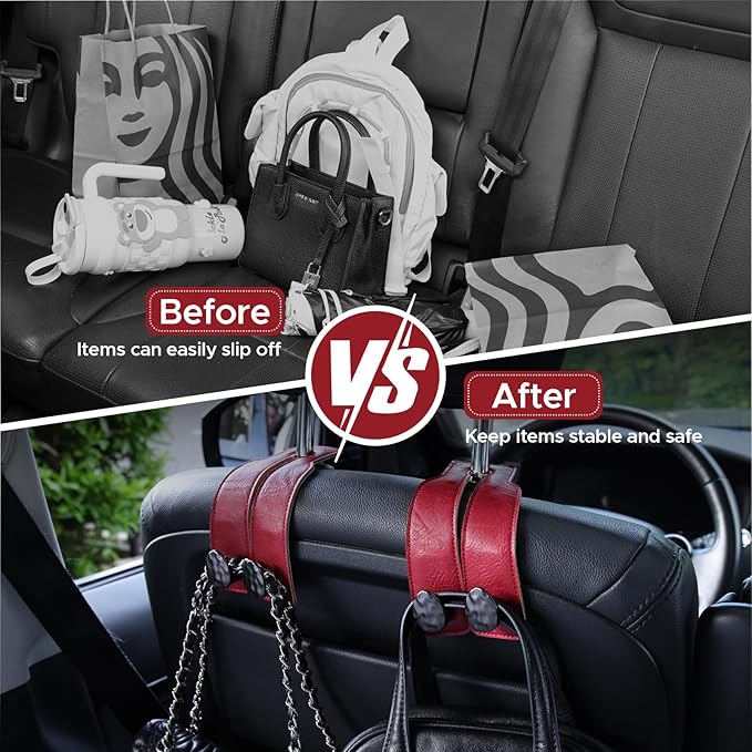 2PCS Leather Car Seat Hooks for Headrest, Vehicle Hanger Storage Organizer Universal for Handbag Purse, Car Accessories Gift (Red-Black)