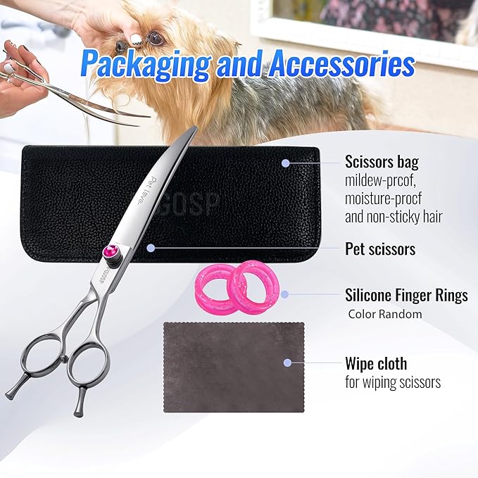 Curved Scissors for Dog Grooming 7 inch 30°Downward Professional Curved Shears Dog Grooming for Poodle Pet Cat Face Japan 440C Stainless Steel Right Handed Super Sharp(7.0'',Curved)