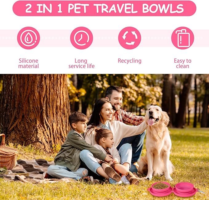 PNEUICALLY Collapsible Dog Water Bowl 2 in 1 Foldable Pet Food and Water Bowl Portable Cats Dishes with Carabiner Clip for Traveling Hiking Camping Walking (Pink)