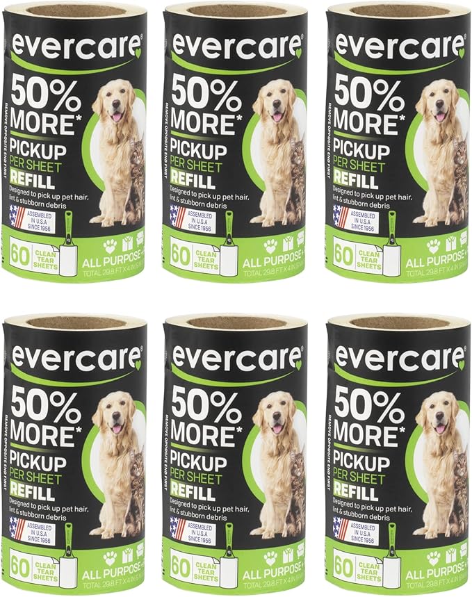 Evercare Pet Lint Roller Refill, Manual Operation, 60 Sheets per Roll, 6 Count Refill Pack for Pet Hair Removal, Green